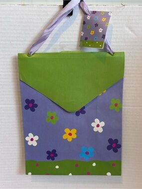 3 Floral Purple & Green Gift Bag with Ribbon Handle LOT 3
